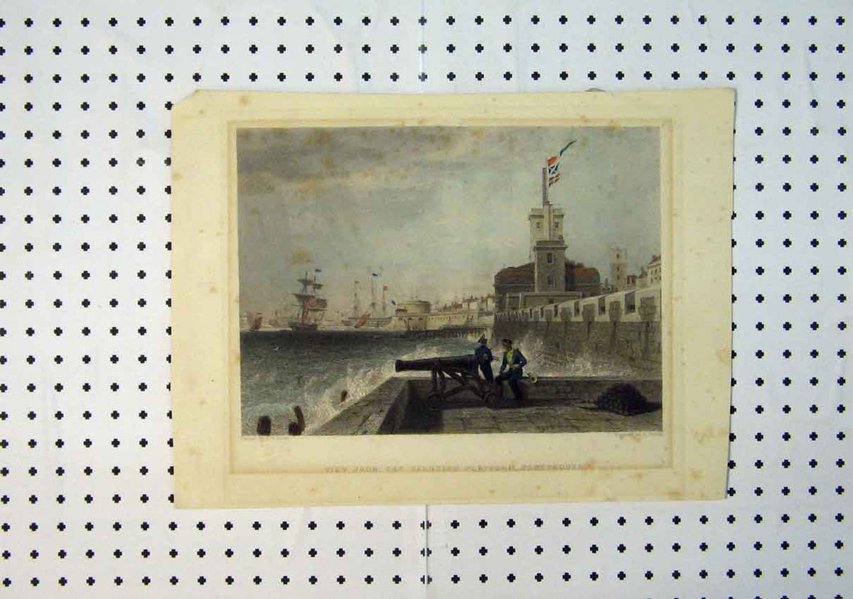 Original Old Antique Print Colour C1864 View Saluting Portsmouth Cannon 19th