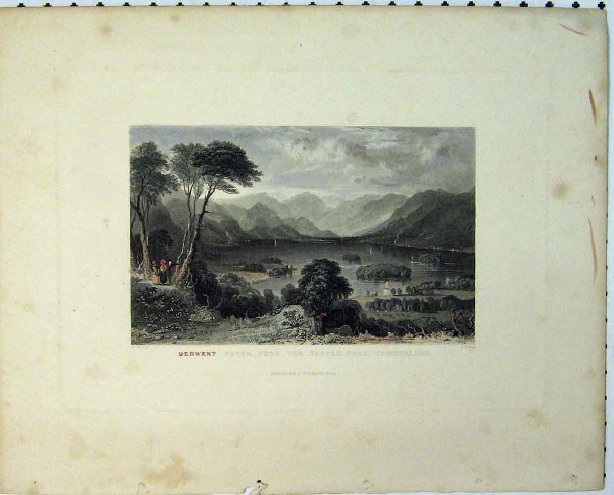 Original Old Antique Print View Derwent Water Castle Head Cumberland C1864 19th