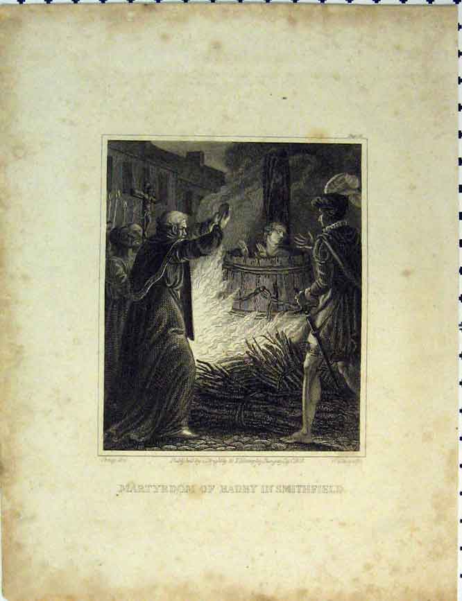 Original Old Antique Print C1864 Martyrdom Badby Smithfield Man Burning 19th