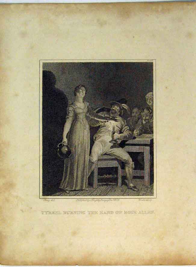 Original Old Antique Print C1864 Scene Tyrrel Burning Hand Rose Allen Candle