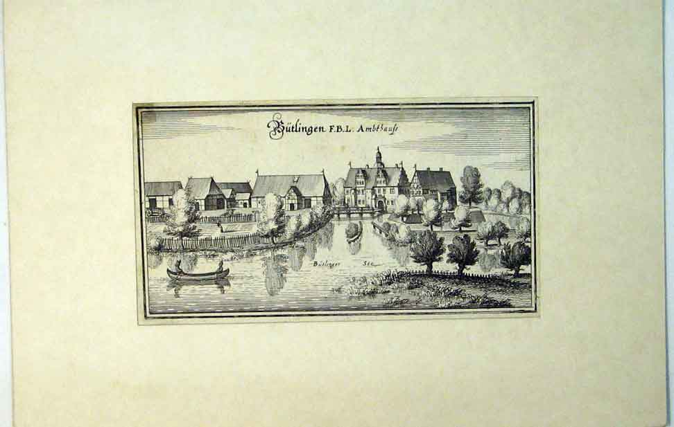 Original Old Antique Print C1864 View Butlingen Village Scene Trees Boats River