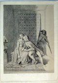 Original Old Antique Print C1864 Romance Man Woman Kiss Attack Sword Victorian