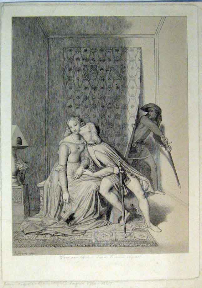 Original Old Antique Print C1864 Romance Man Woman Kiss Attack Sword Victorian