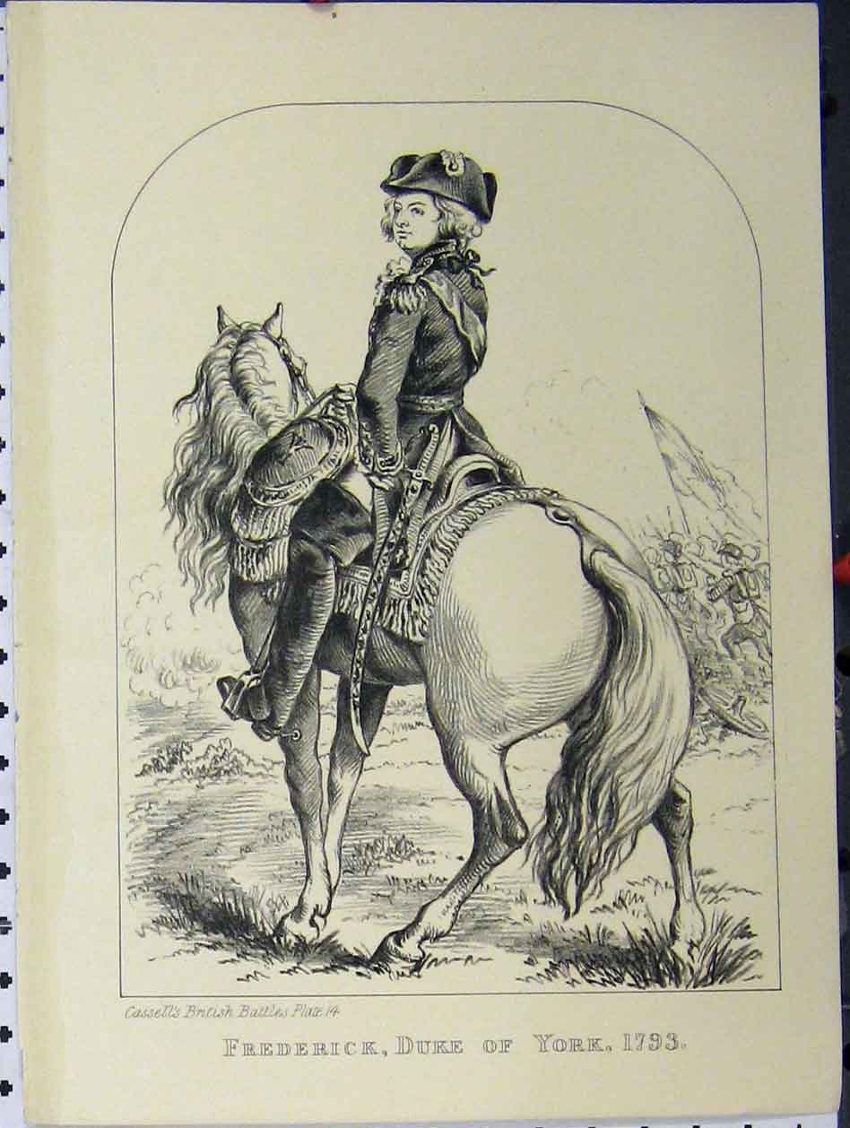 Old Antique Print Frederick Duke York Horse C1850 Cassell British Battle 19th