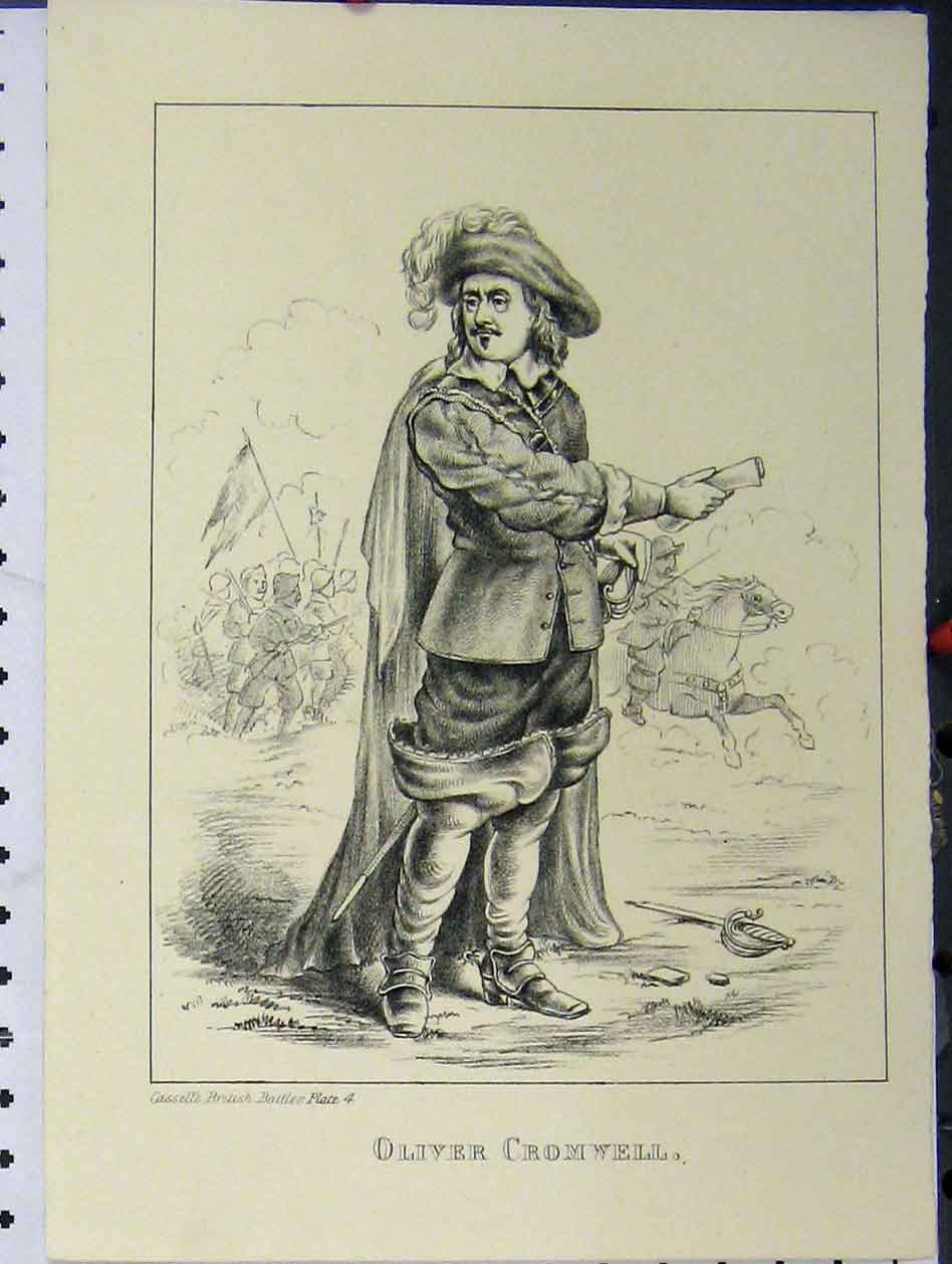 Old Antique Print C1850 Cassell British Battle Oliver Cromwell Portrait 19th