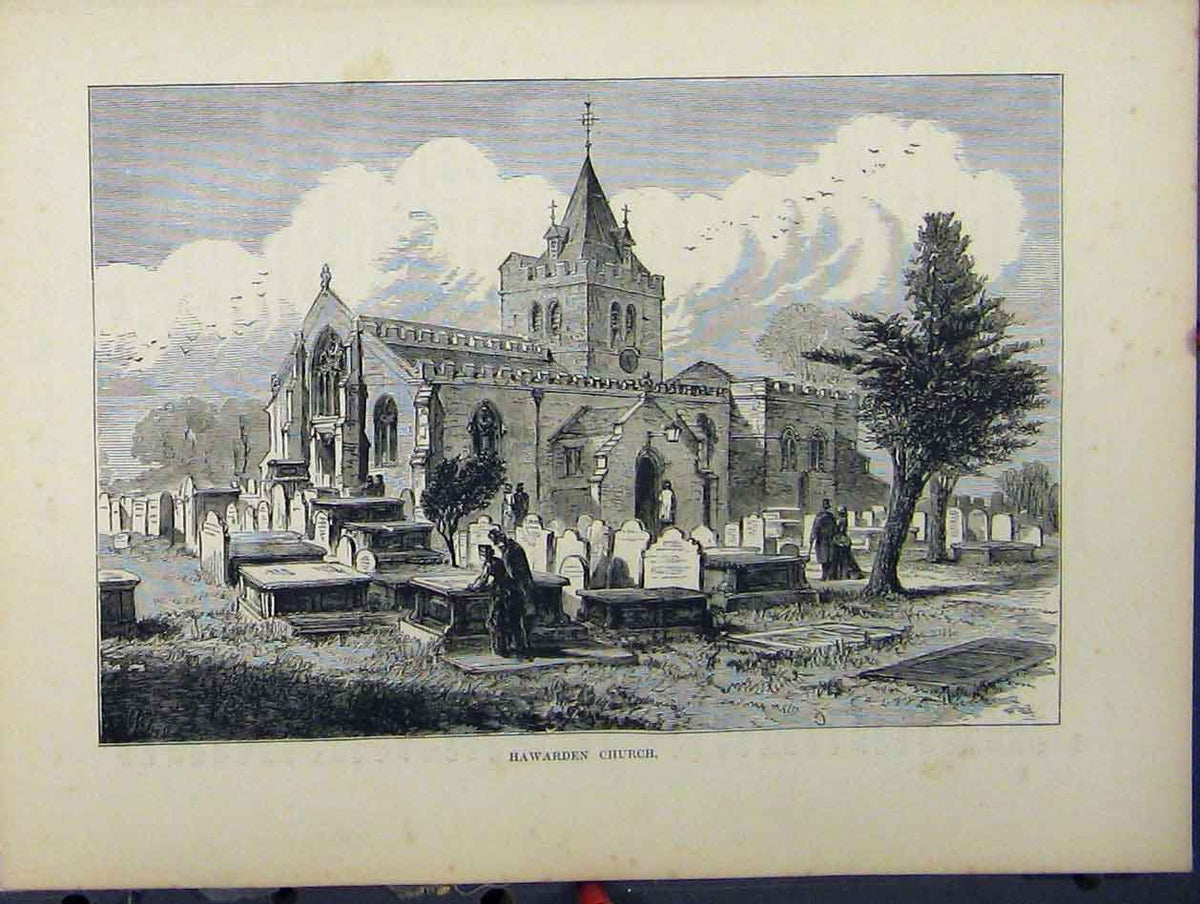 Original Old Antique Print C1850 View Hawarden Church Graveyard 19th