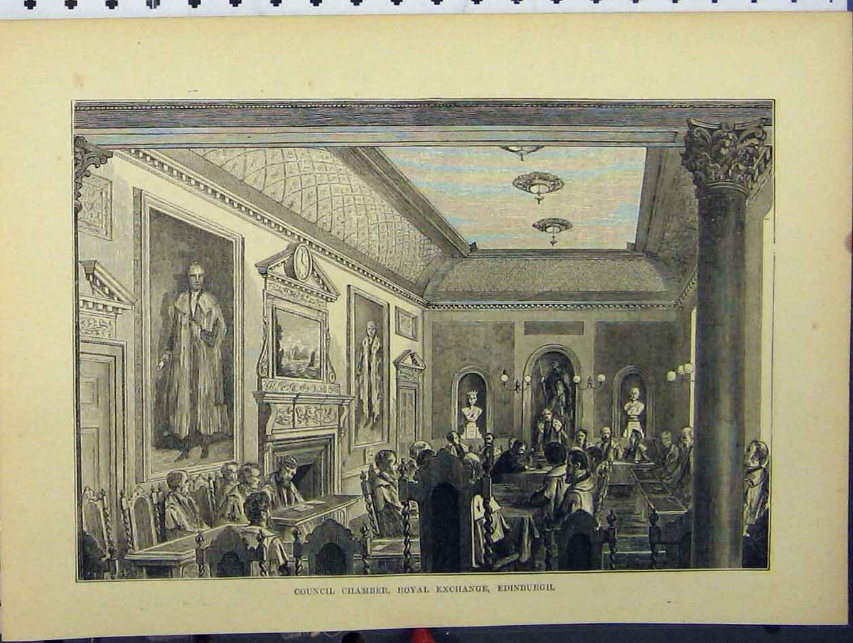 Original Old Antique Print C1850 Council Chamber Royal Exchange Edinburgh 19th