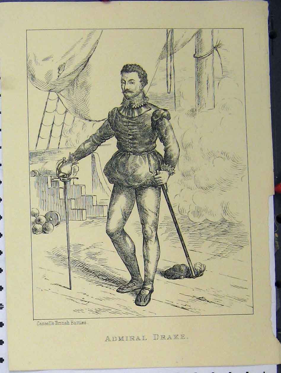 Original Old Antique Print C1850 Cassell British Battles Admiral Drake 19th