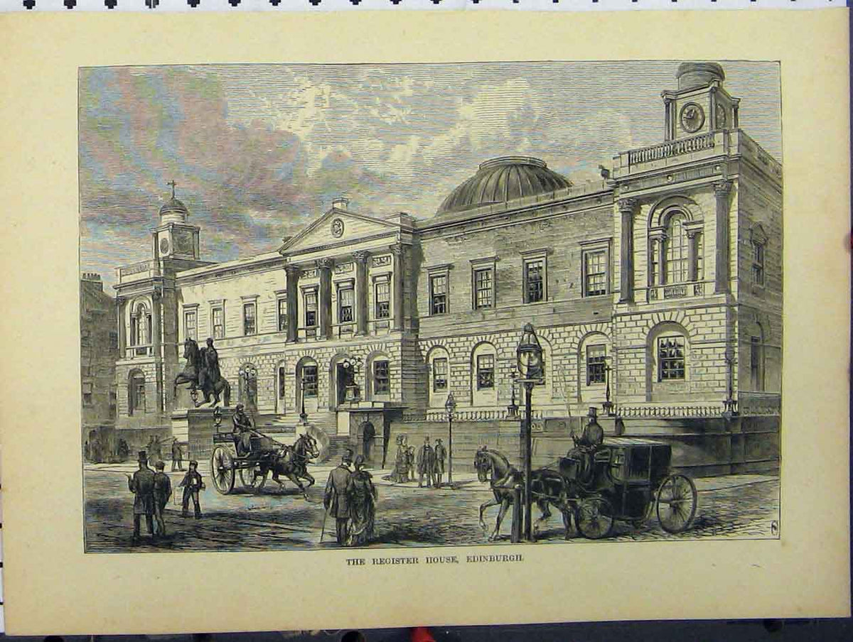 Original Old Antique Print C1850 Street Scene Register House Edinburgh Building
