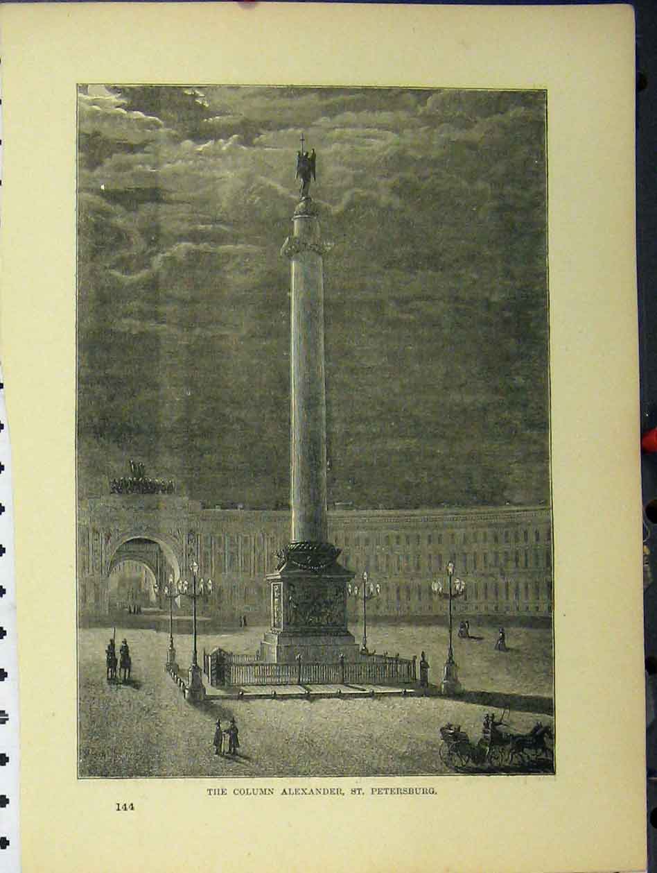 Original Old Antique Print C1850 View Column Alexander St Petersburg Victorian