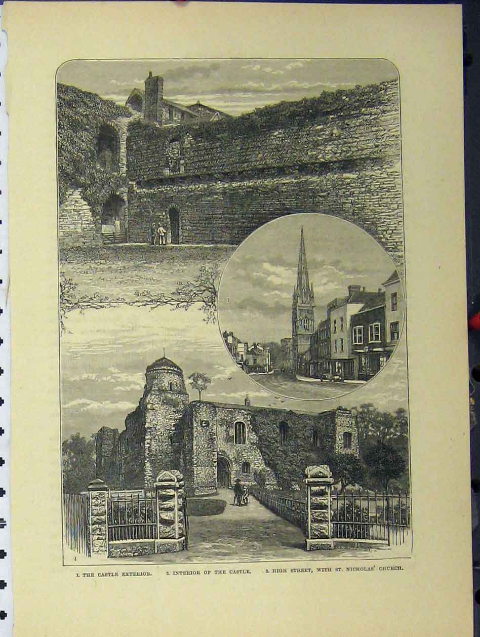 Old Antique Print C1850 Exterior Castle Interior High Street St Nicholas 19th