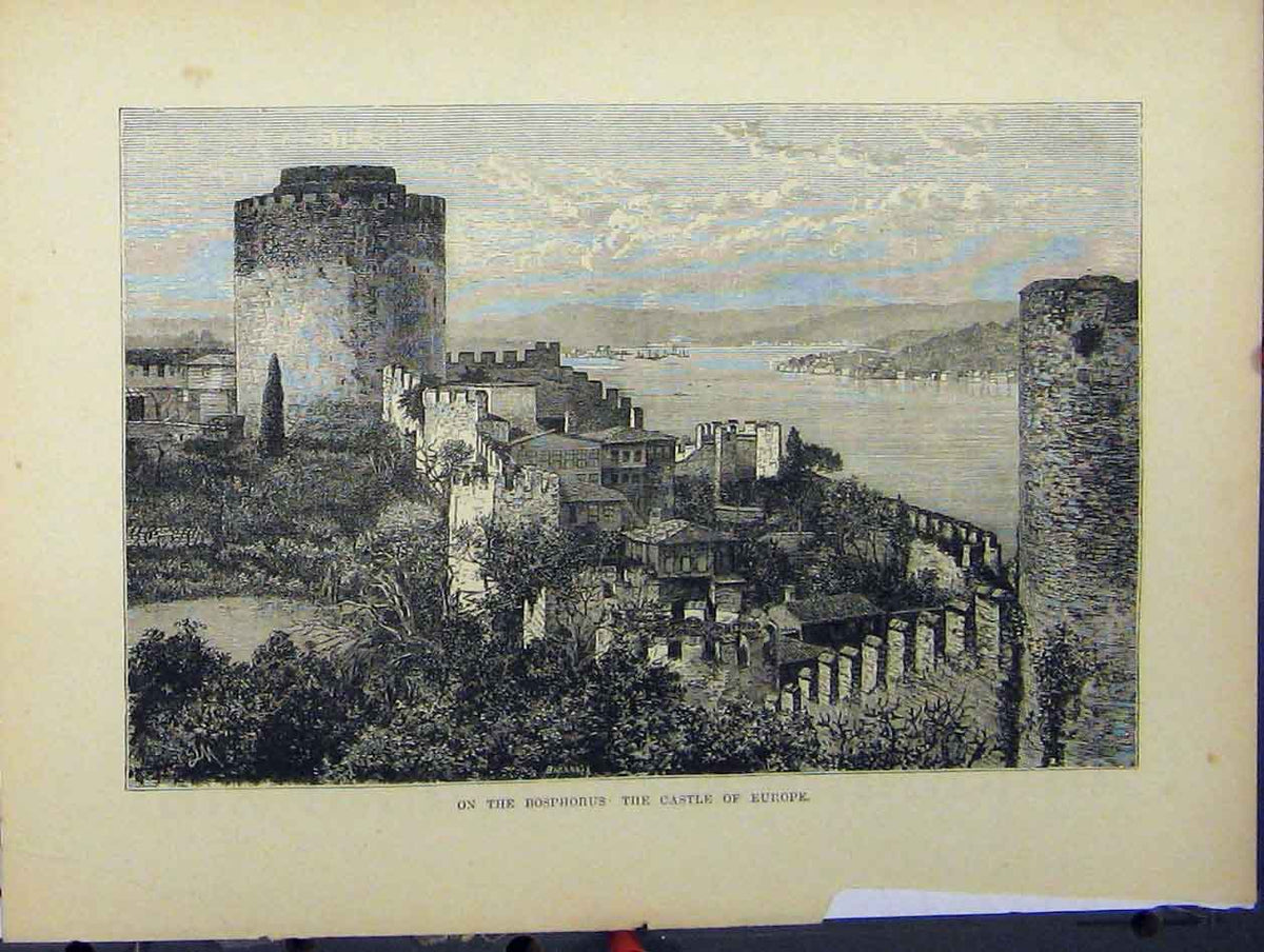 Original Old Antique Print View Bosphorus Castle Europe C1850 River Victorian