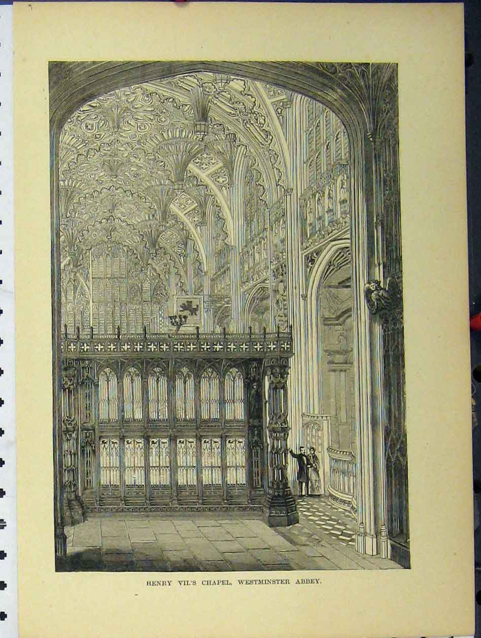 Original Old Antique Print C1850 View Henry Vii Chapel Westminster Abbey 19th