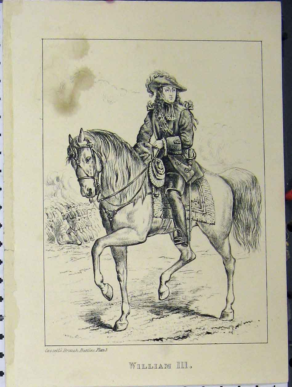 Original Old Antique Print Cassell British Battles C1850 William Iii King Horse