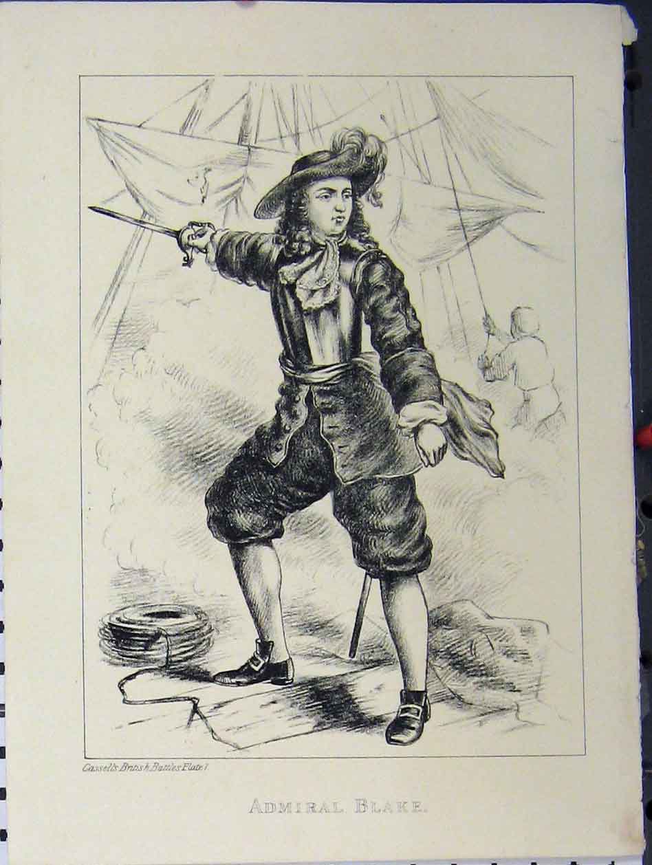 Original Old Antique Print Cassell British Battles C1850 Admiral Blake 19th