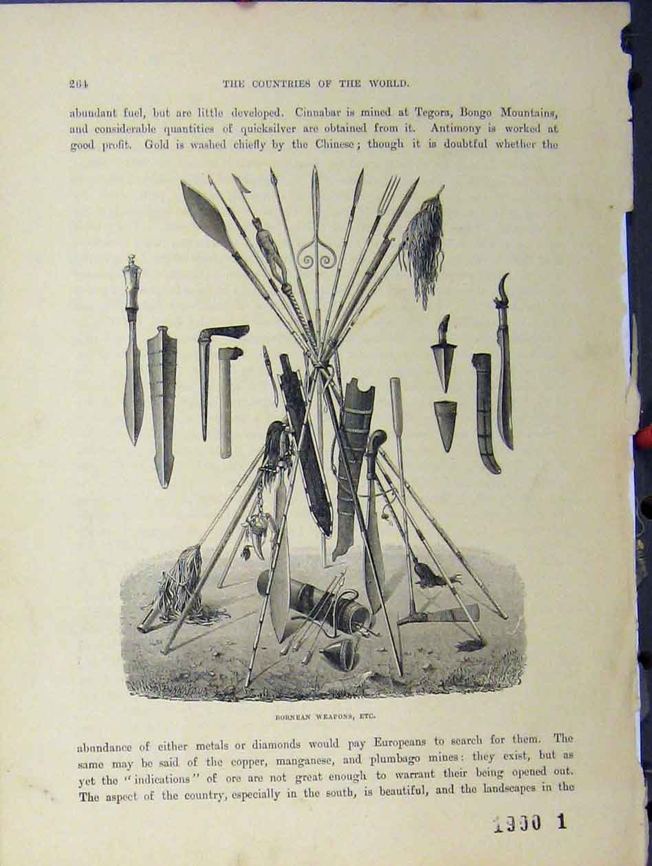 Original Old Antique Print C1850 Bornean Weapons Sword Spear 19th