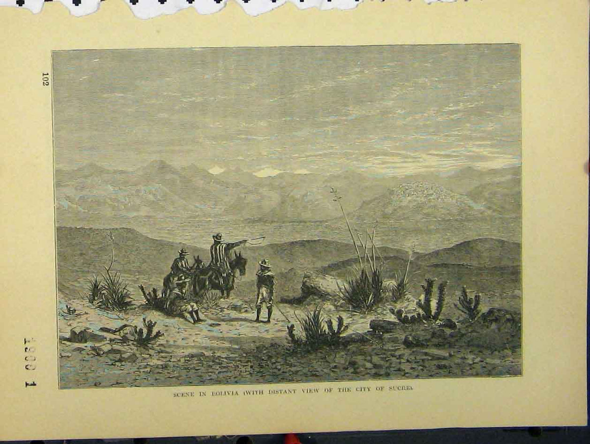 Original Old Antique Print C1850 Scene Bolivia View City Sucren Mountain View