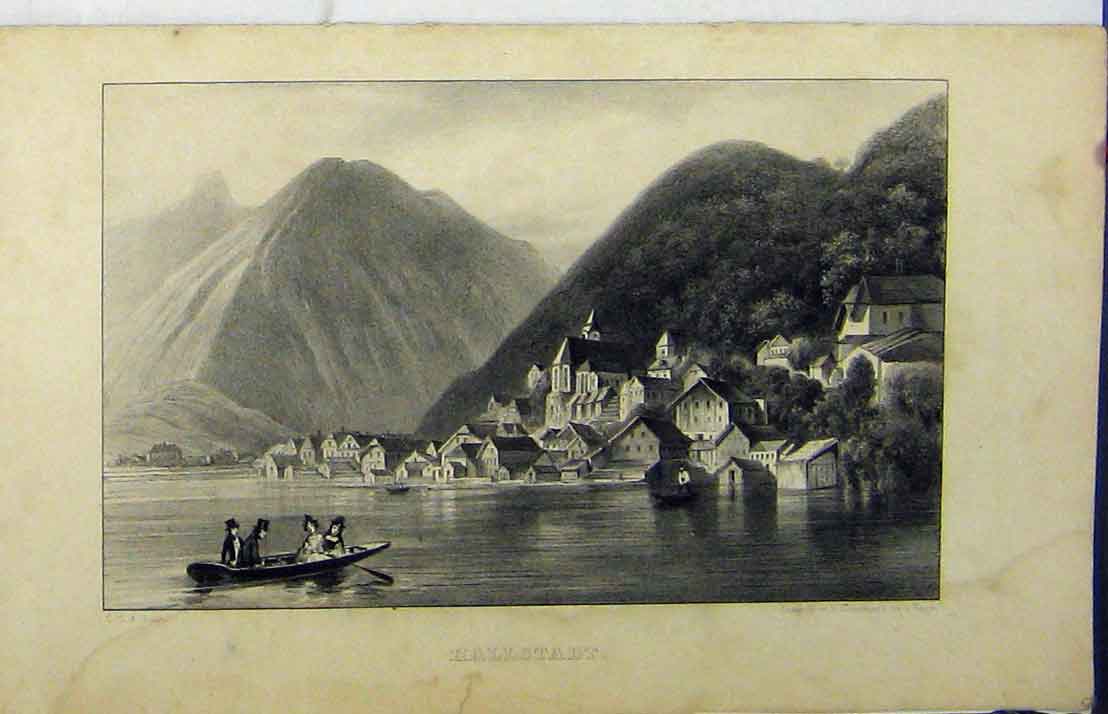 Old Antique Print C1850 View Hallstadt Lake Mountain Village Boat Romance 19th