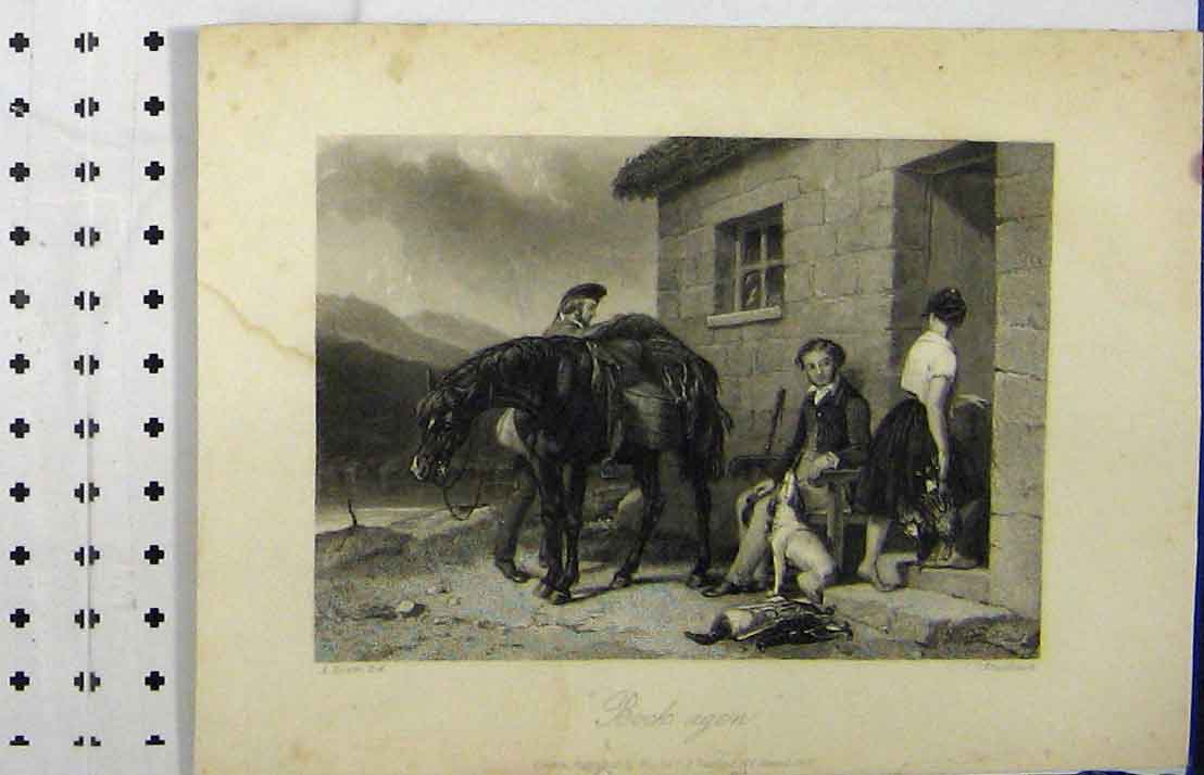 Original Old Antique Print C1850 Horse Men Shooting Dead Birds House Door Step