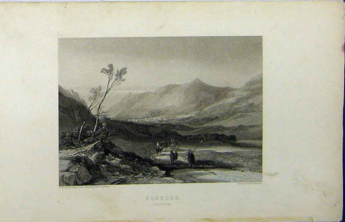 Original Old Antique Print C1850 View Nabulus Men Horses Country Scene 19th