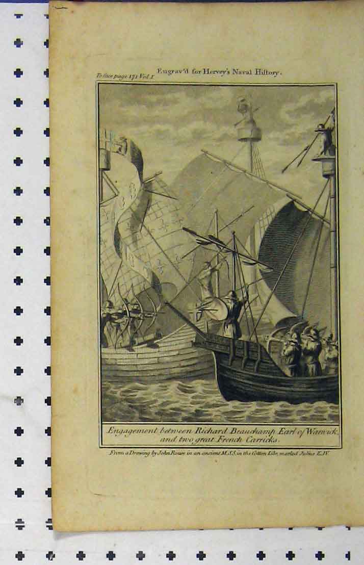 Old Antique Print C1850 Navy Ships Beauchamp Earl Warwick French Carricks 19th