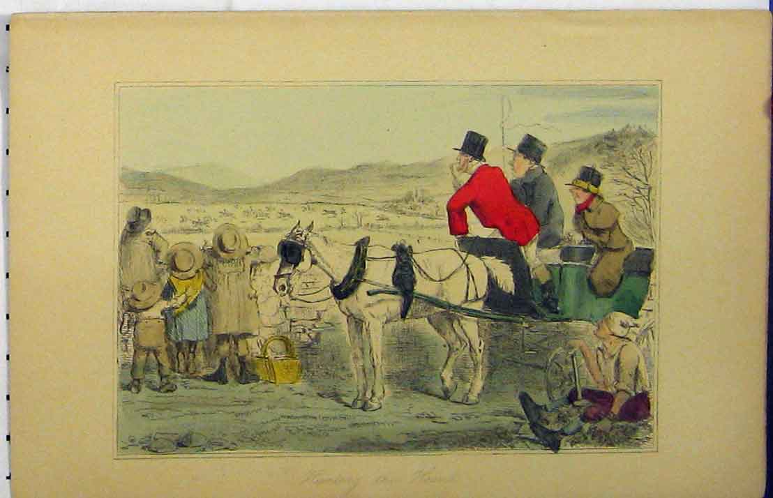 Original Old Antique Print Colour 1860 Horse Carriage Children Country 19th
