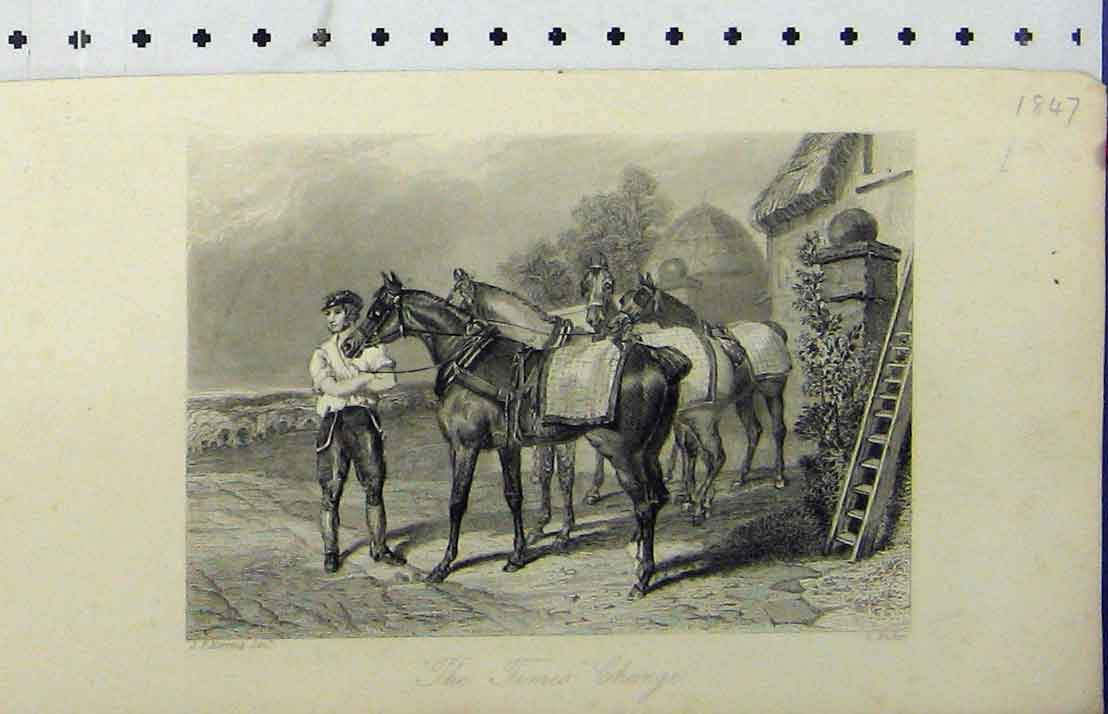 Original Old Antique Print 1847 Horses Jockey Country Scene Engraving Hacker