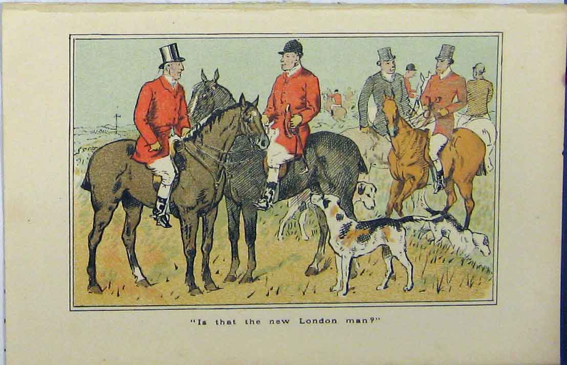 Original Old Antique Print Colour C1850 Hunting Horses Hounds Men Country 19th