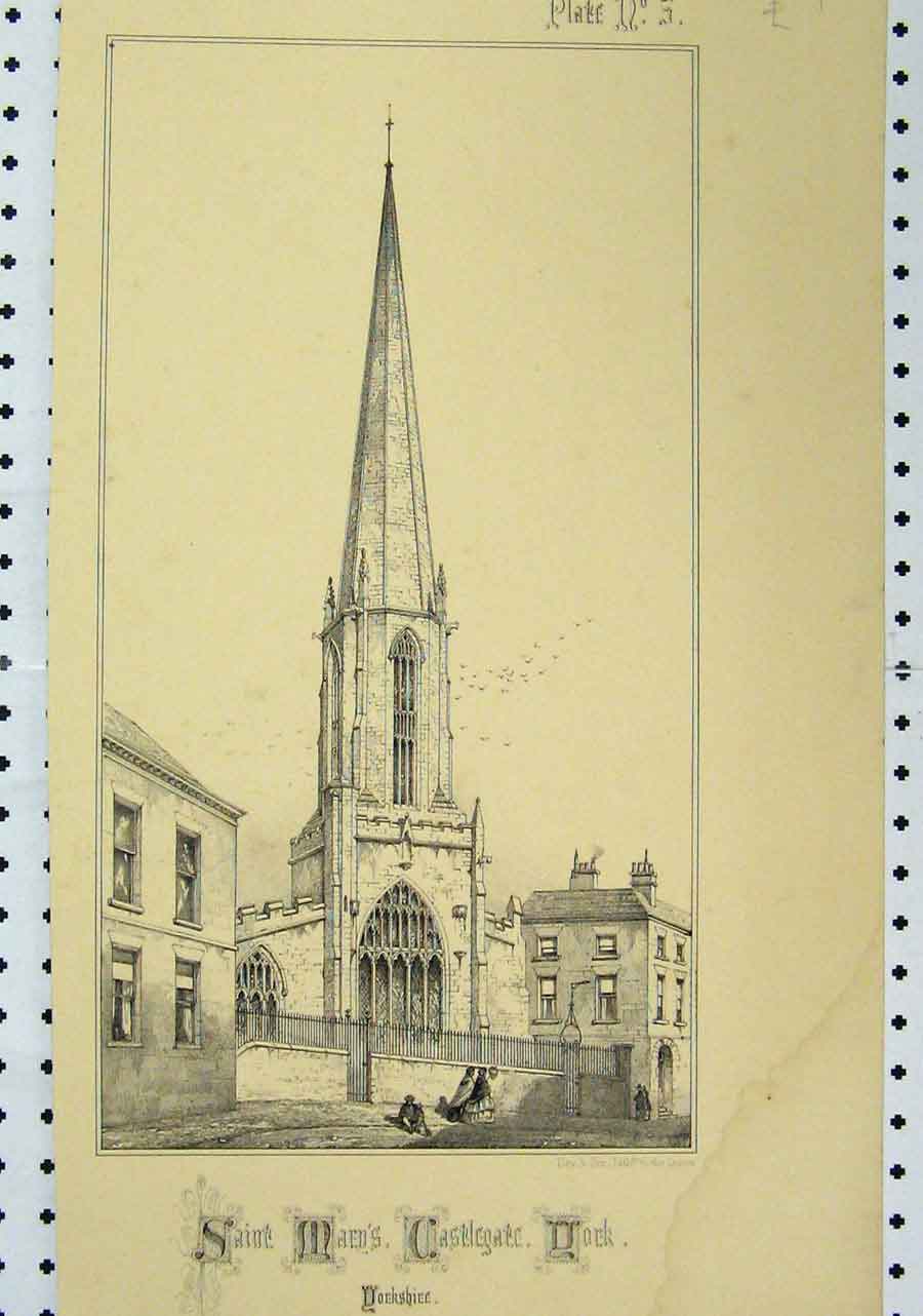 Original Old Antique Print 1853 View Saint Maens Castlegate York 19th