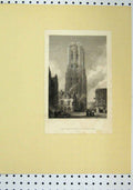 Original Old Antique Print View Church Rembauld C1850 Clock Tower Victorian