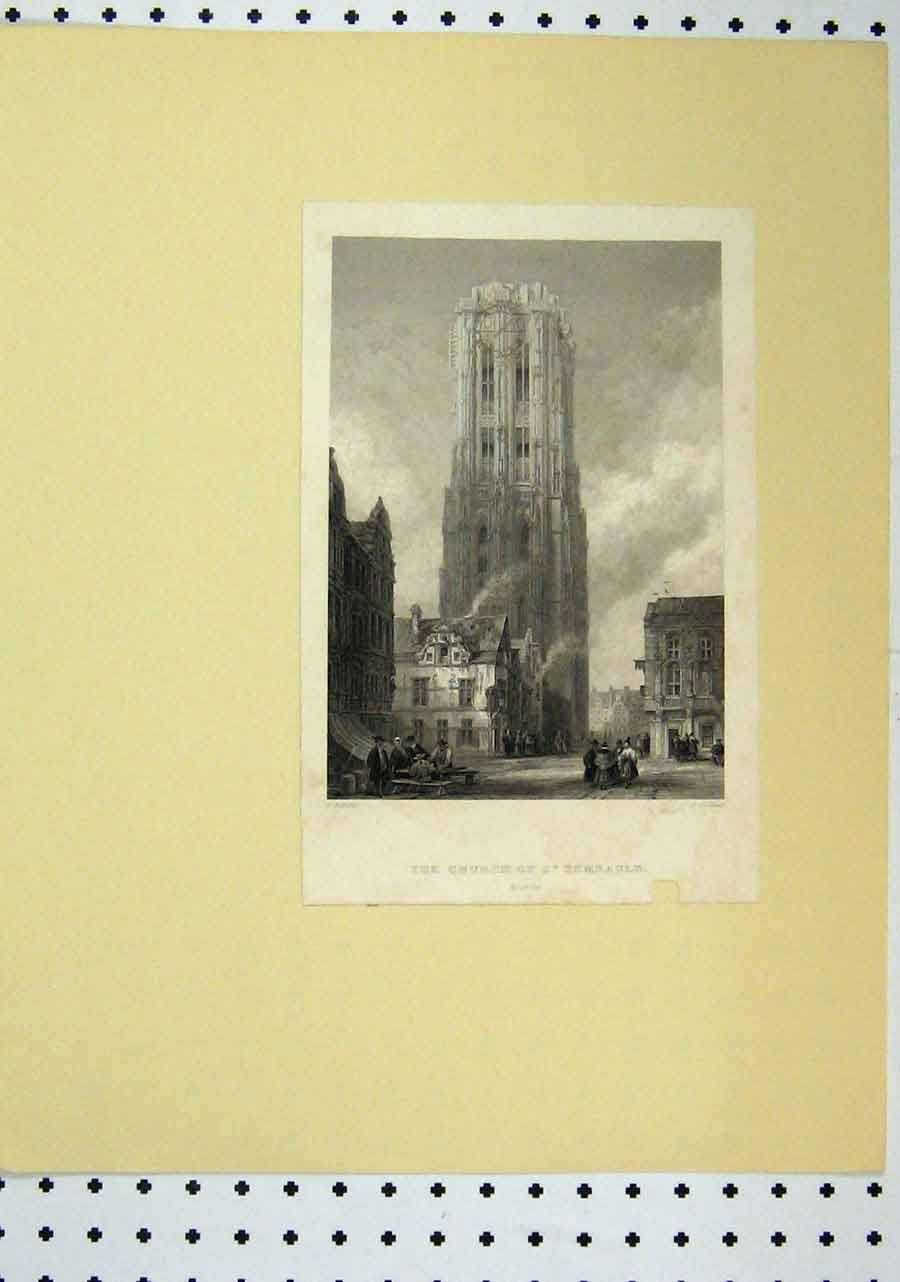 Original Old Antique Print View Church Rembauld C1850 Clock Tower Victorian