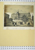 Original Old Antique Print C1850 Sepia Buildings People Street Scene Victorian
