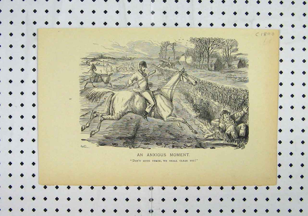 Original Old Antique Print C1850 Jockey Horse Fence Jumping Man Ditch Country