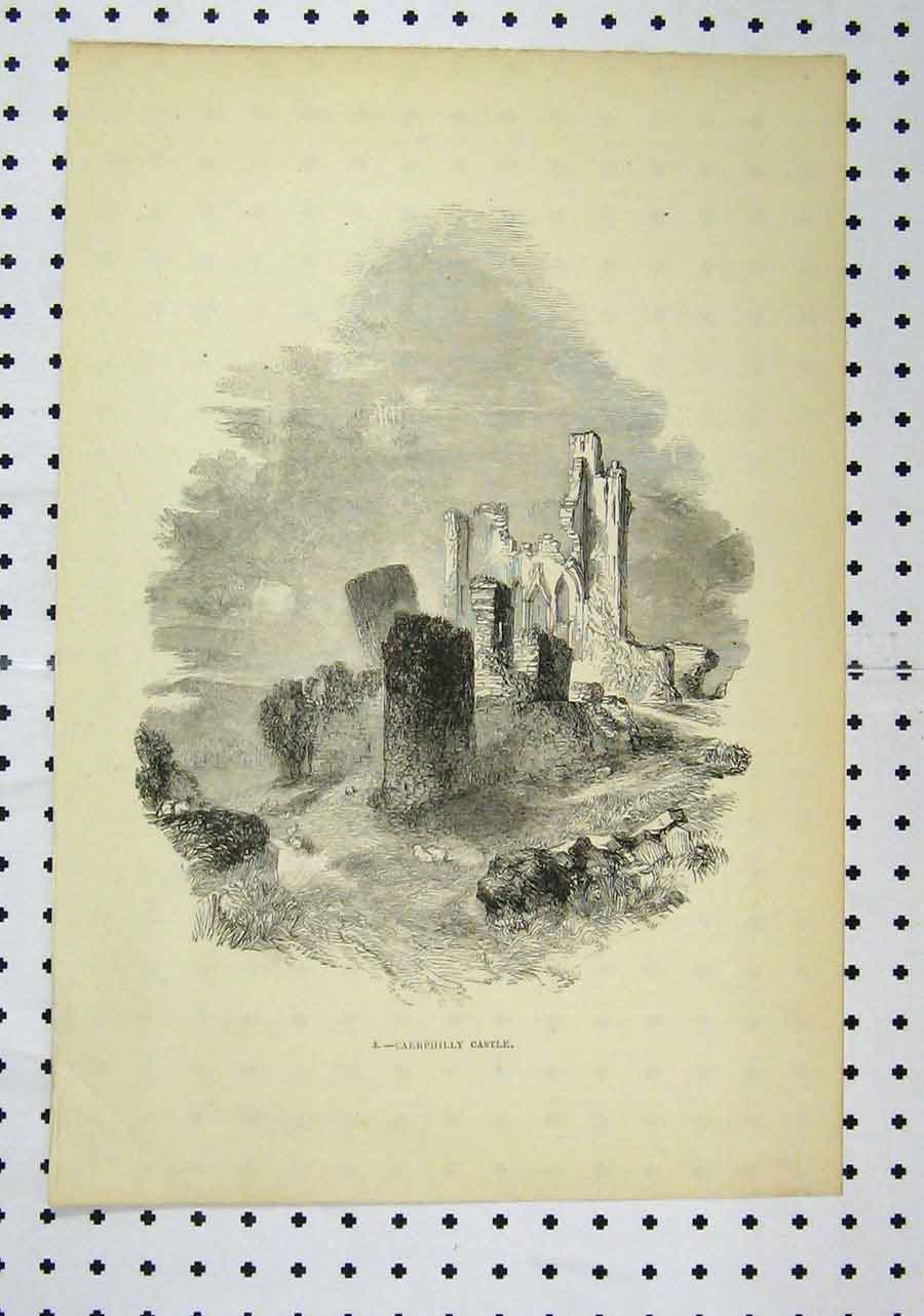 Original Old Antique Print View Caerphilly Castle C1850 Ireland Ruins Building