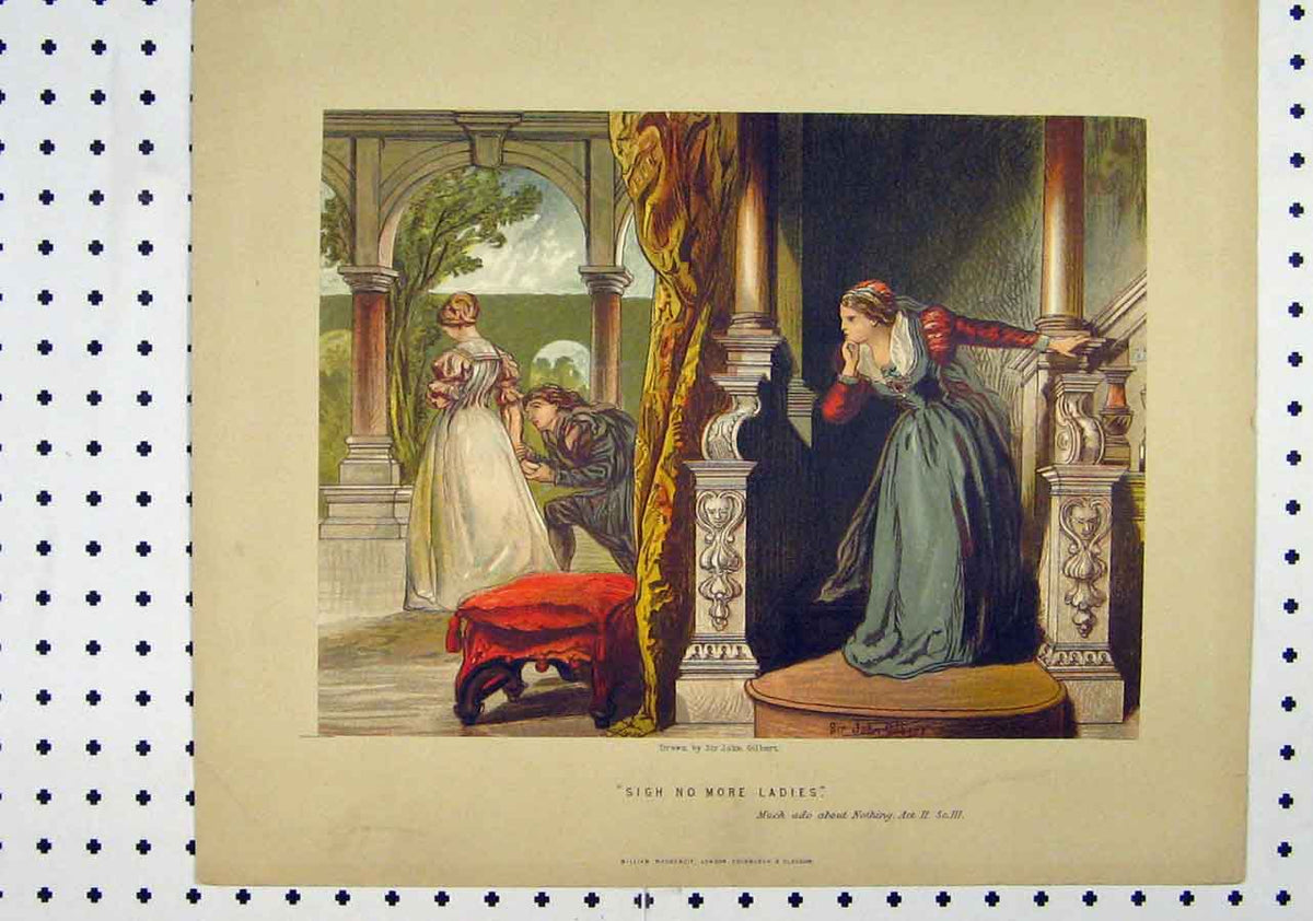 Original Old Antique Print Scene Much Ado Nothing C1850 Theatre Romance Stairs