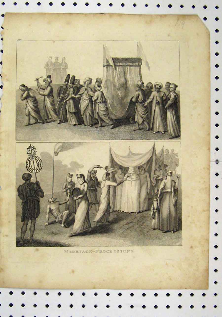 Original Old Antique Print C1850 Marriage Processions Wedding Viel Victorian