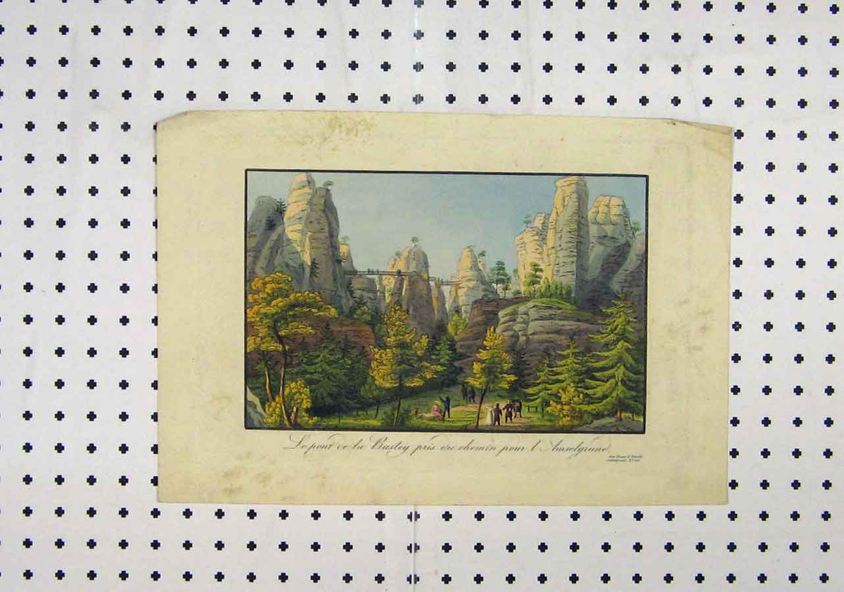 Original Old Antique Print Colour C1850 Pont Bastey Rocks Bridges People 19th