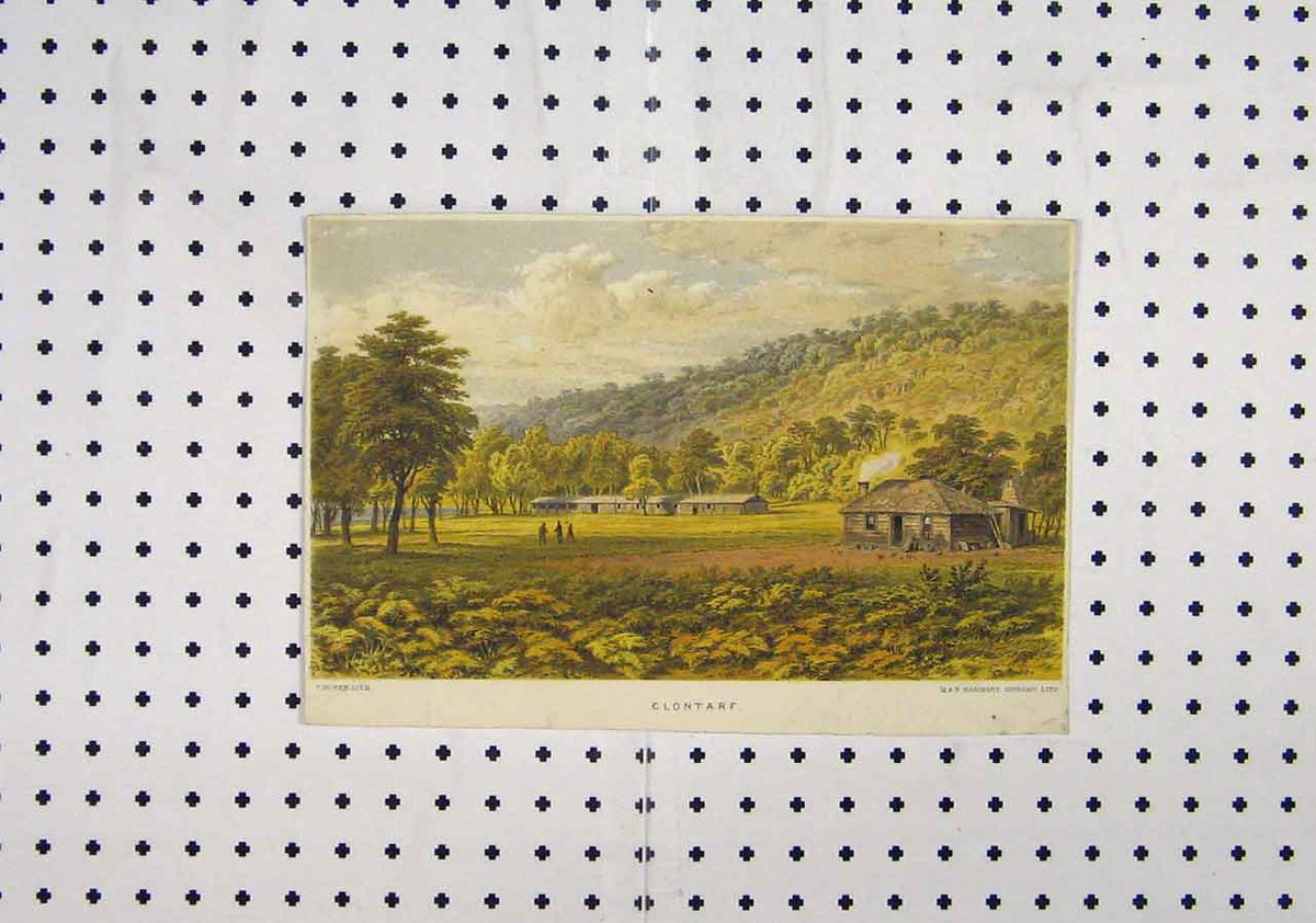 Original Old Antique Print C1850 View Clontarf Country Scene Log Cabin 19th