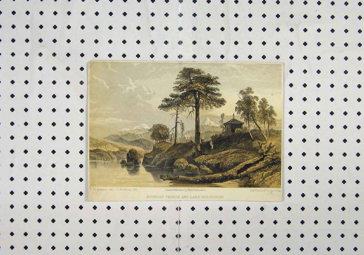 Original Old Antique Print Bouriat Temple Lake Ikeougoun C1850 Colour Nature