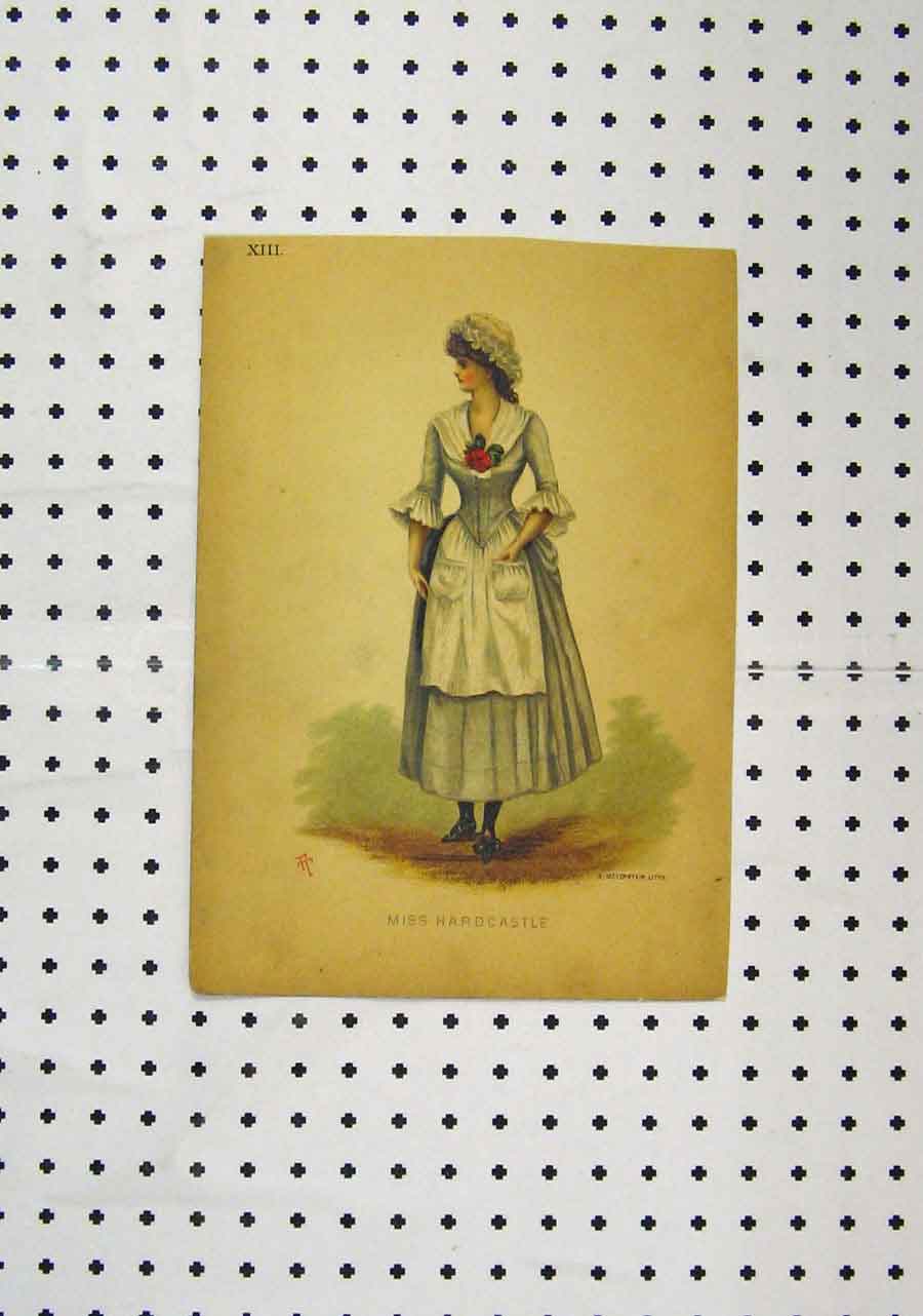 Original Old Antique Print C1850 Colour Portrait Miss Hardcastle Servant Dress