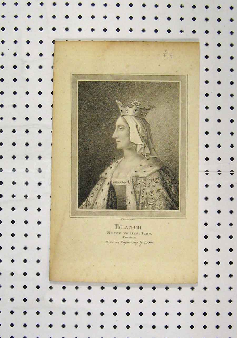 Old Antique Print C1850 Portrait Blanch Neice King John Engraving De Bie 19th