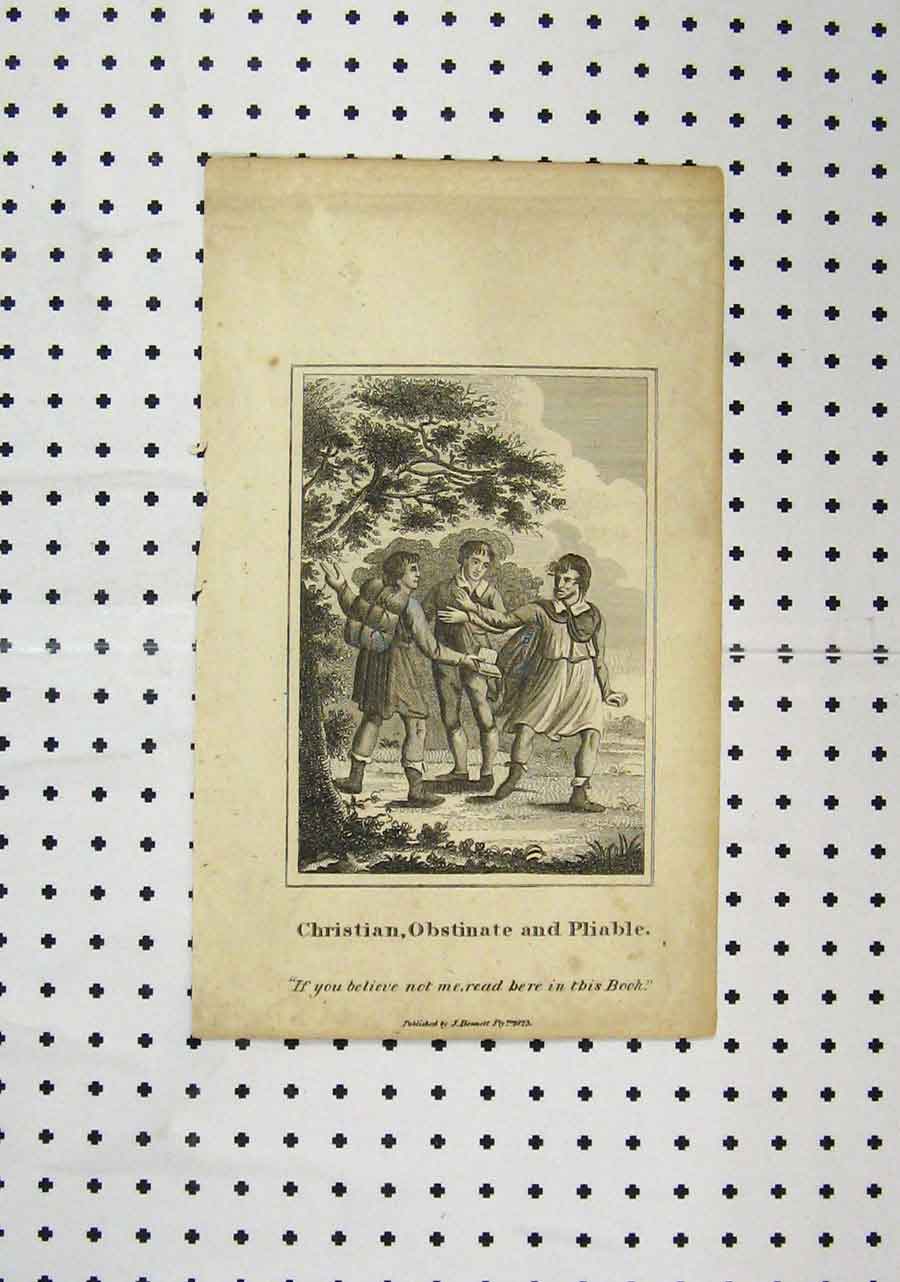 Original Old Antique Print C1850 Christian Obstinate Pliable Men Country Scene