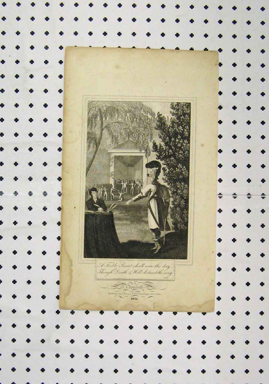 Original Old Antique Print 1822 Feeble Saint Knight Man Table Fight 19th
