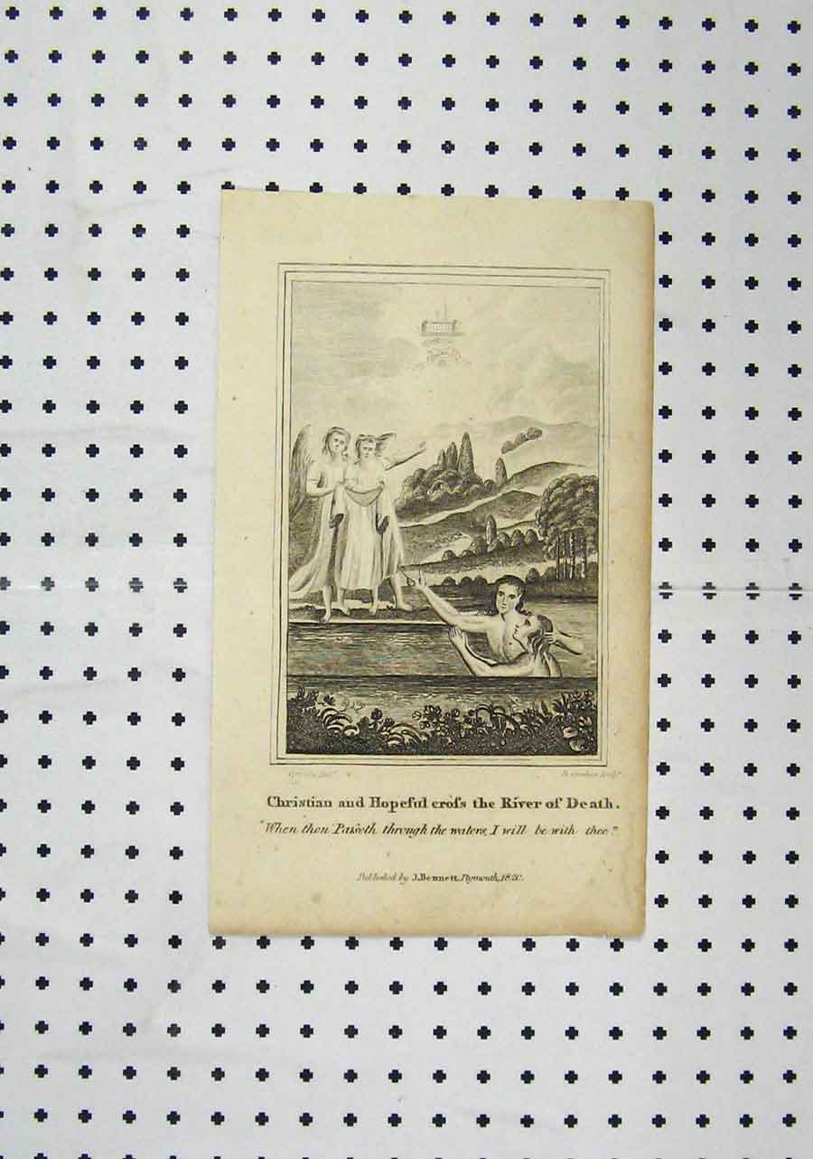Original Old Antique Print C1850 Christian Hopeful River Death Country 19th