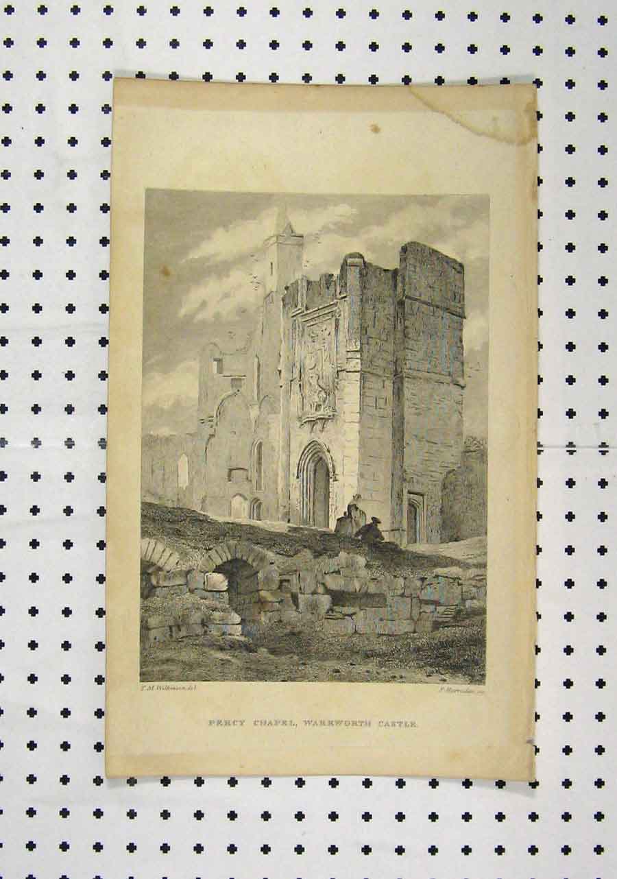 Original Old Antique Print C1850 View Percy Chapel Warkworth Casle Victorian