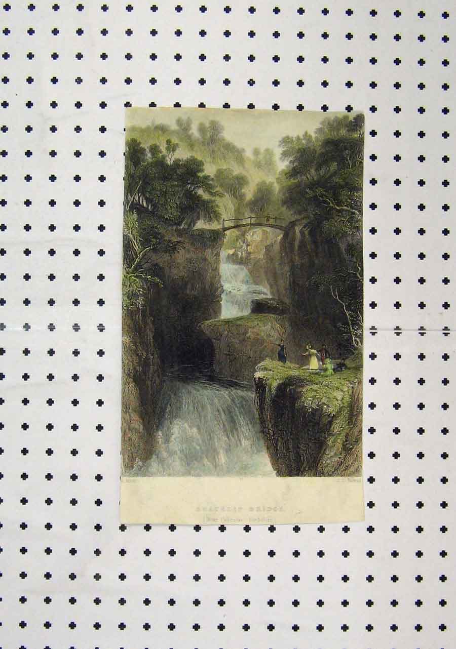 Original Old Antique Print C1850 Colour Bracklin Bridge Waterfall Perthshire