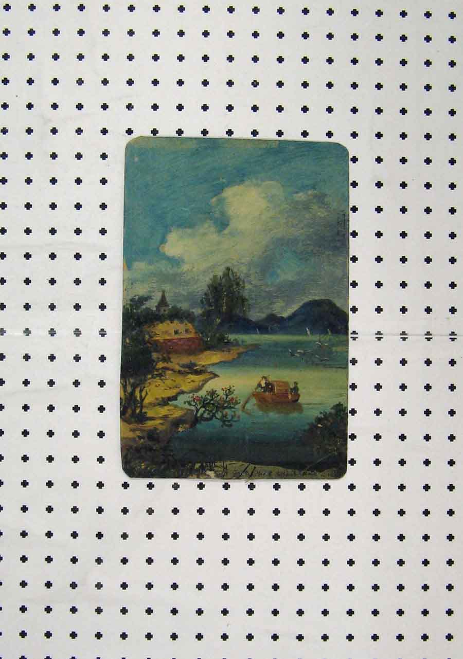 Original Old Antique Print C1850 Colour Lake Mountains Boat Trees Beautiful