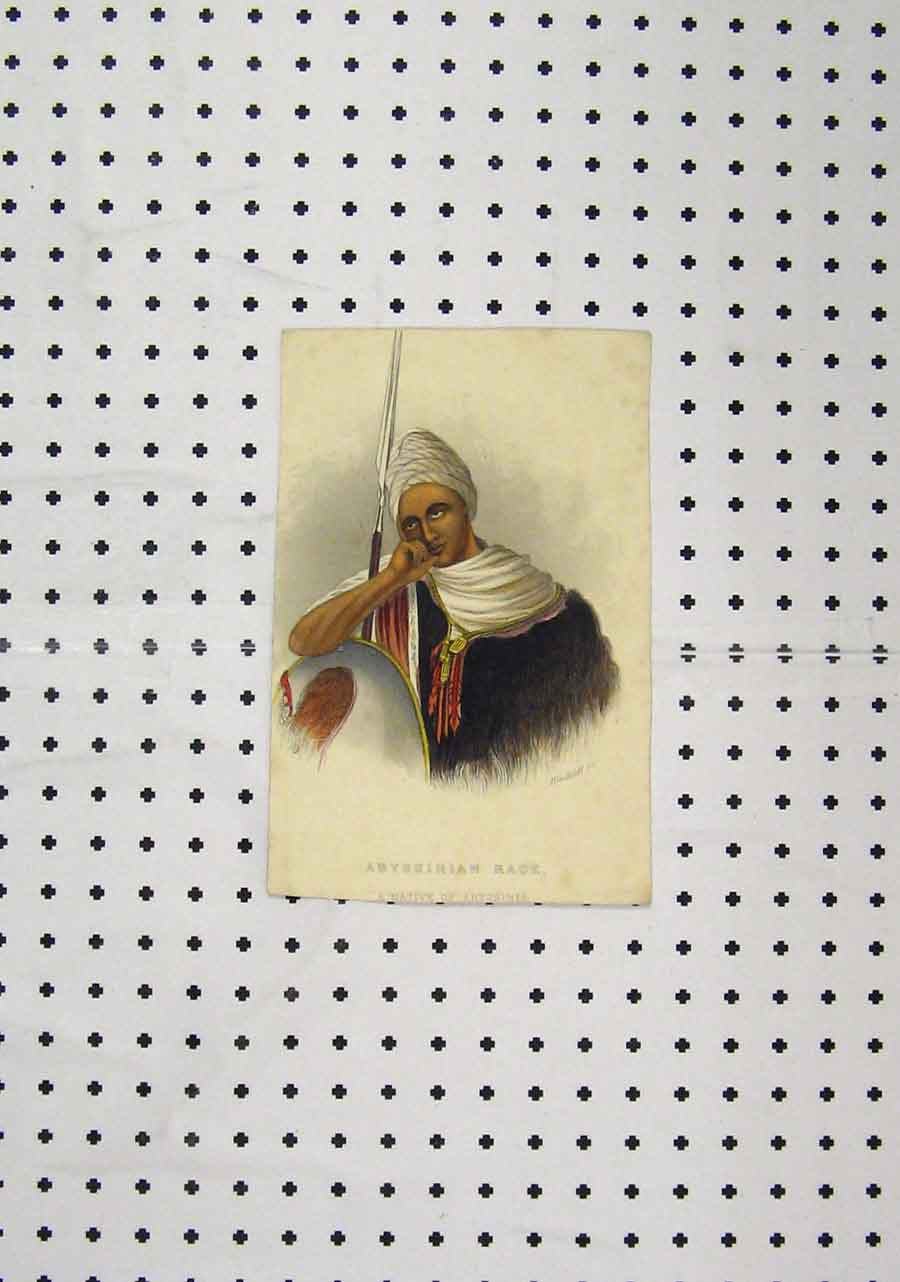 Original Old Antique Print C1850 Colour Native Abyssinia Warrior 19th