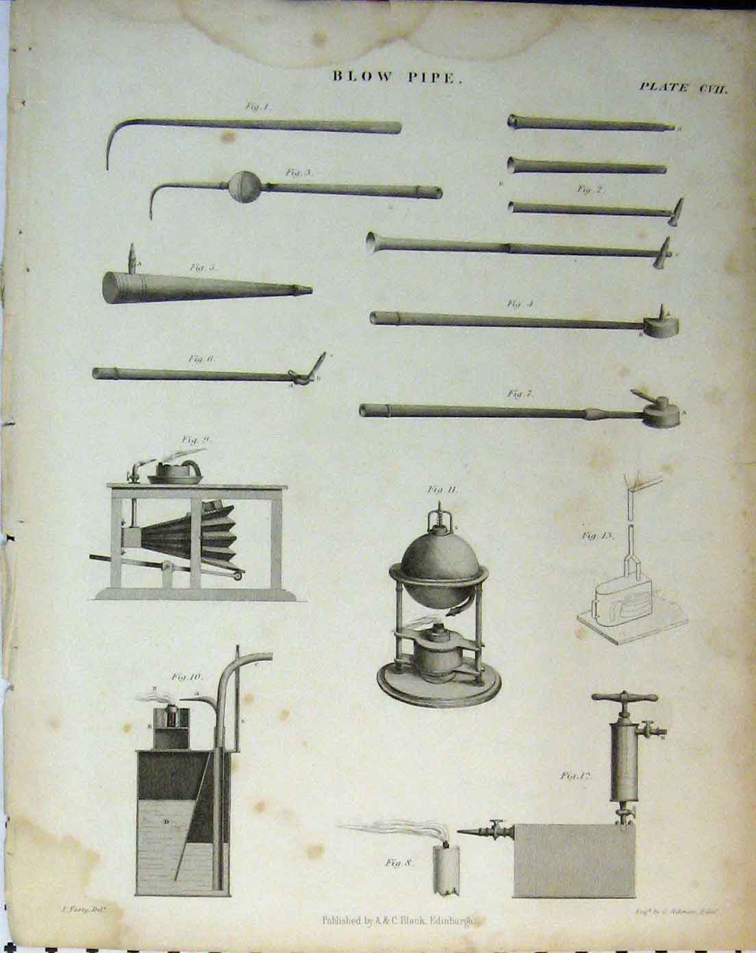 Original Old Antique Print C1890 Engineering Blow Pipe Drawings 19th