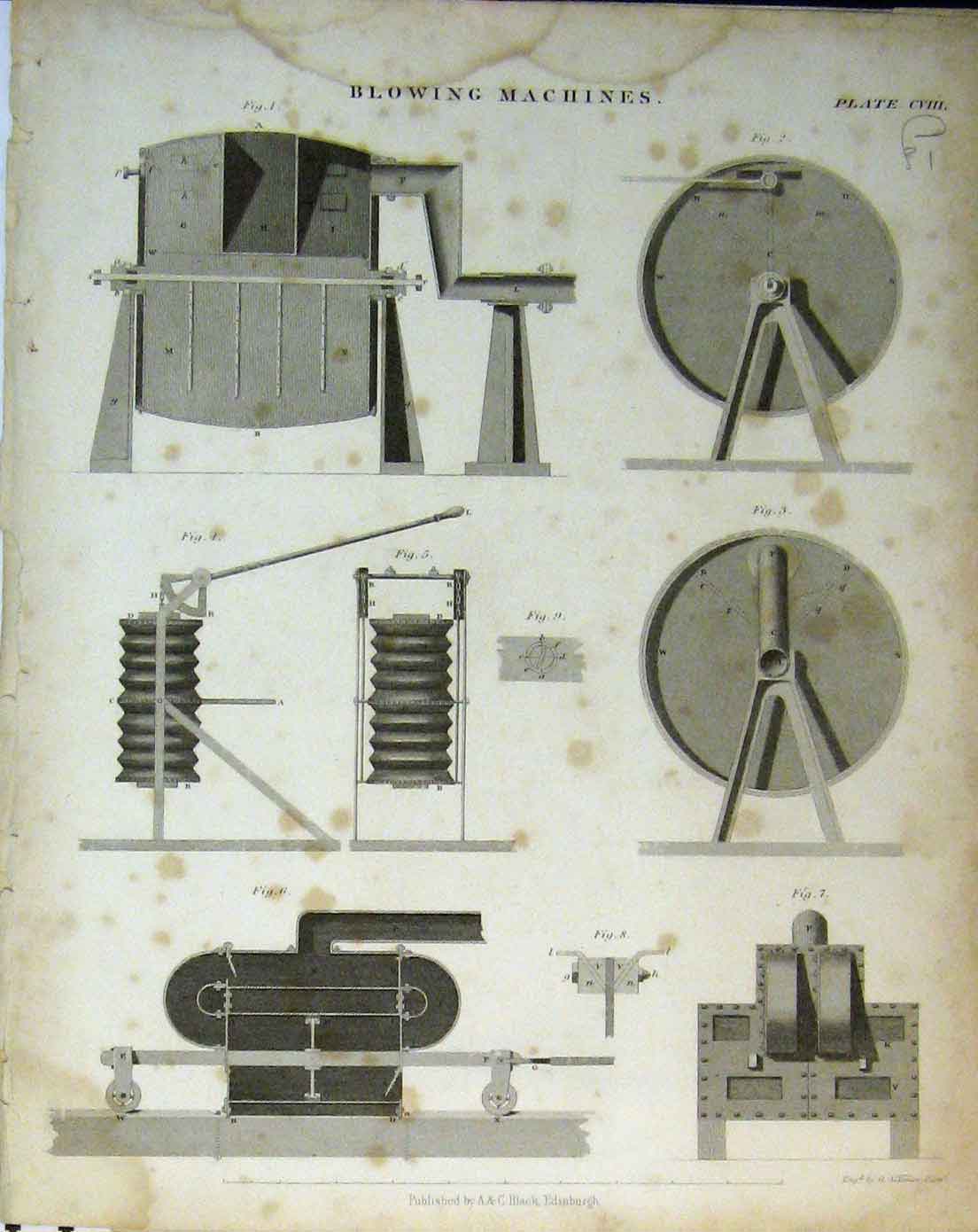 Original Old Antique Print C1890 Blowing Machines Balance Hydrostatic Diagrams